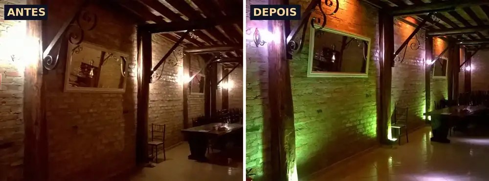 Antes e depois: salão de tijolos sem iluminação e com iluminação cênica da Led For Fun